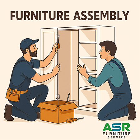 Two workers assembling a wardrobe using tools and a box of parts