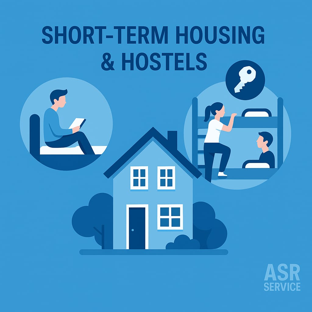 Illustration of short-term housing: person reading in a room and people in a hostel bunk bed.