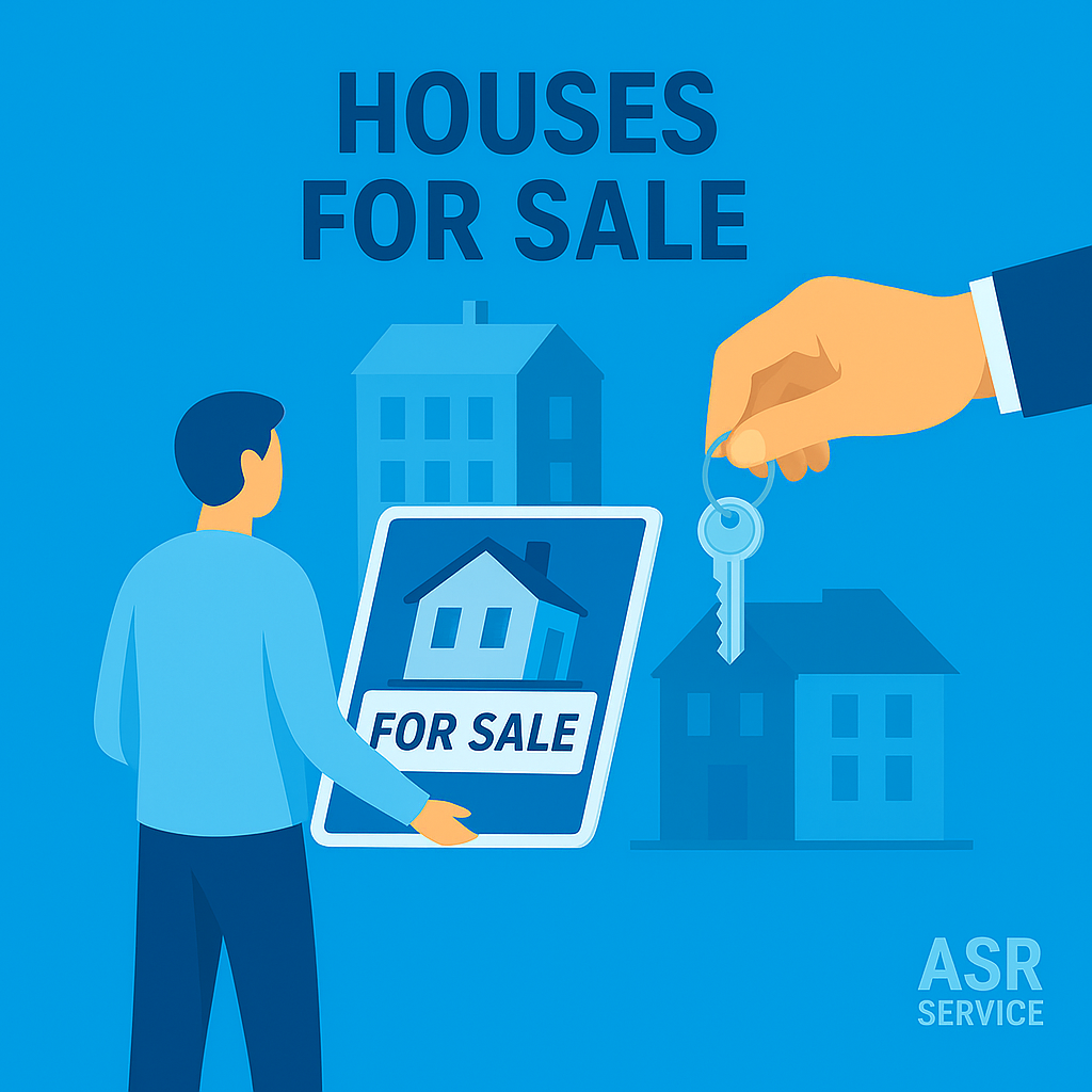 Blue-toned flat illustration with the text "Houses for Sale", a person holding a "For Sale" sign, a key, and houses — real estate sales concept.