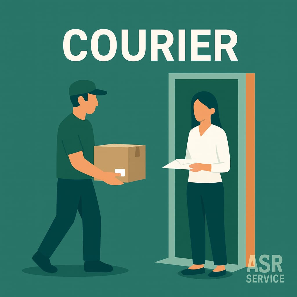 Курьерская доставка от ASR Service — курьер передаёт посылку и документы клиенту.