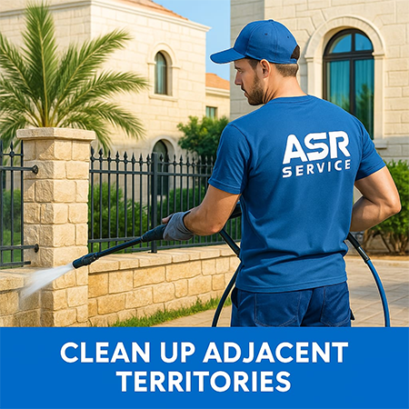 עובד ASR Service במדים כחולים מנקה את השטח ליד הבית באמצעות מכונת שטיפה בלחץ