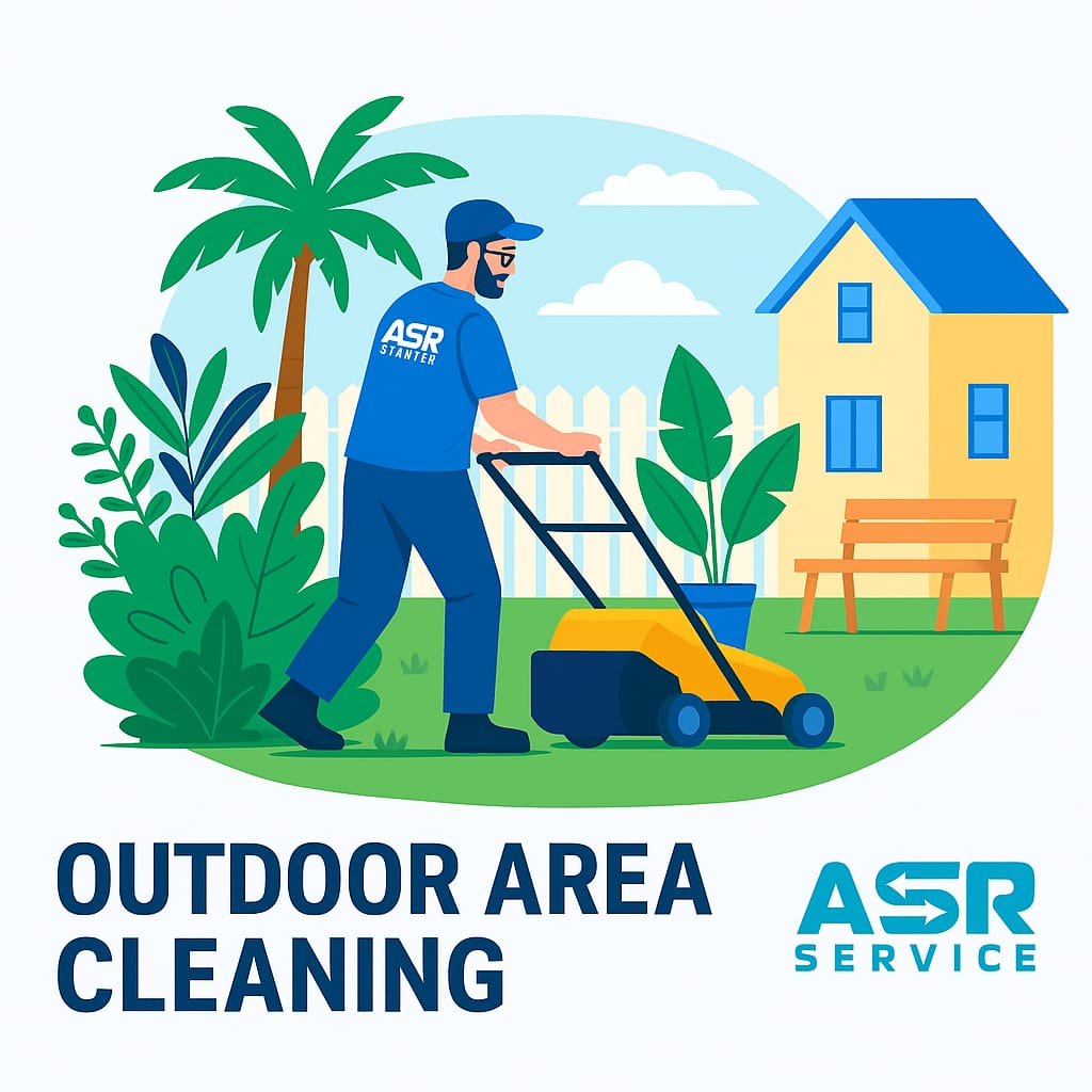 ASR Service worker mowing the lawn in a yard near a house, maintaining the outdoor area.