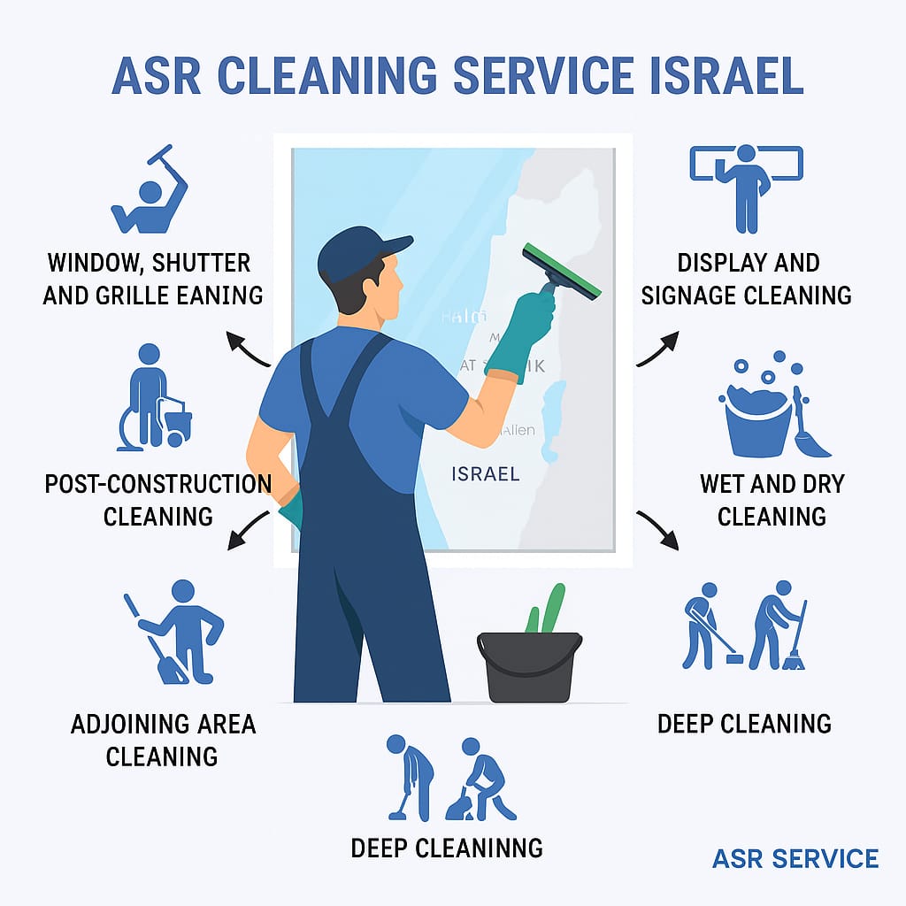 Worker cleaning glass, surrounded by icons showing cleaning types: windows, displays, wet and dry cleaning, post-construction and deep cleaning.