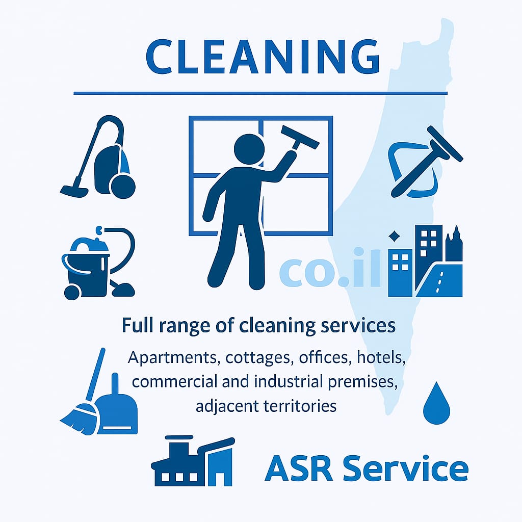 Cleaning services illustration: icons of window, floor, and room cleaning with text about full range of services.