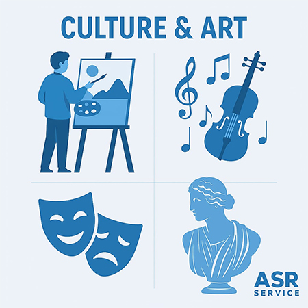 Illustration of culture and art with images of painting, music, theatre masks and classical statue.