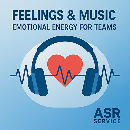 An illustration of emotional energy for teams featuring headphones, a heart, and waves symbolizing music and feelings.