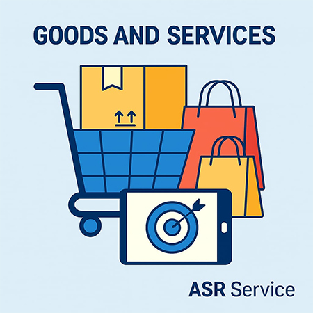 Illustration of goods and services featuring a trolley with a box, shopping bags and a smartphone with a target.
