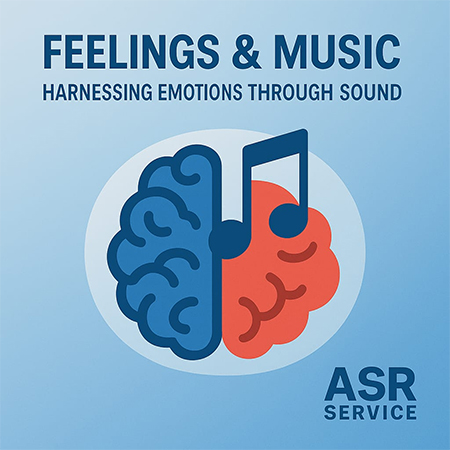 An illustration of the use of emotion through music, featuring a brain, notes and color grading.