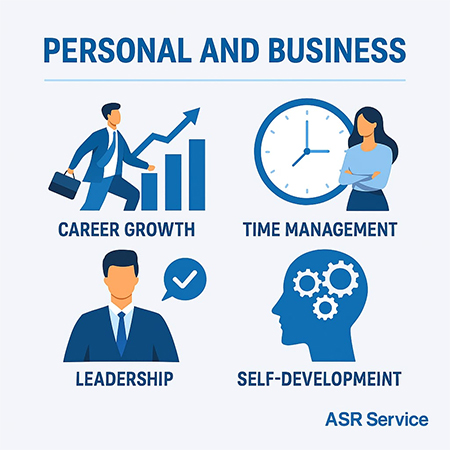 Personal and business growth illustration with images of career advancement, time management, leadership and self-development.