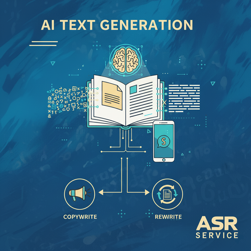 יצירת טקסט באמצעות AI. התמונה מציגה מוח מעל ספר פתוח, המחובר לסמארטפון ולתהליכי קופירייטינג וכתיבה מחדש.