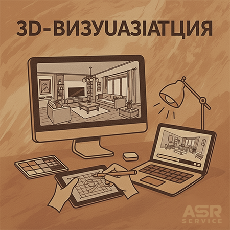 Illustration of a 3D visualization of the interior of a room on a computer and laptop screen, using a graphics tablet.