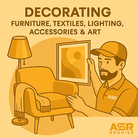 Illustration of the decorating process with a chair, textiles, a lamp and a painting held by a specialist.
