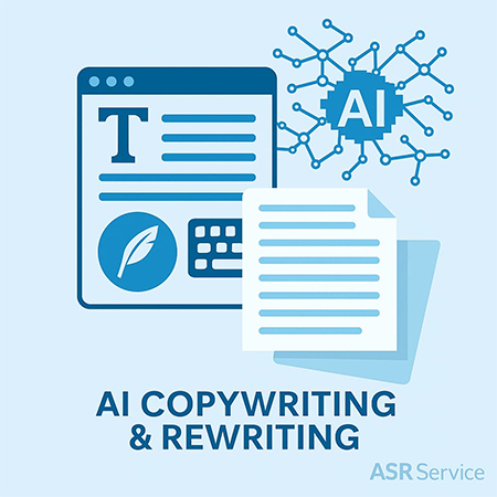 AI копирайтинг и рерайтинг. Изображение показывает окно браузера с текстовым редактором и пером, рядом с чистым документом и символом AI, связанным с нейронной сетью.
