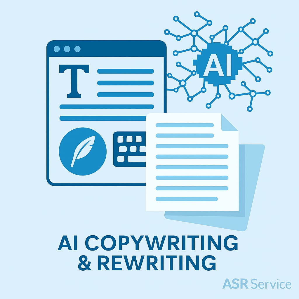 AI копирайтинг и рерайтинг. Изображение показывает окно браузера с текстовым редактором и пером, рядом с чистым документом и символом AI, связанным с нейронной сетью.