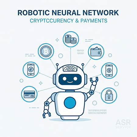 Роботизированная нейронная сеть для криптовалюты и платежей. Изображение демонстрирует дружелюбного робота, окруженного иконками, связанными с цифровыми финансами: биткойн, стопки монет, кошелек, смартфон с евро и долларом, кредитная карта и замок безопасности.