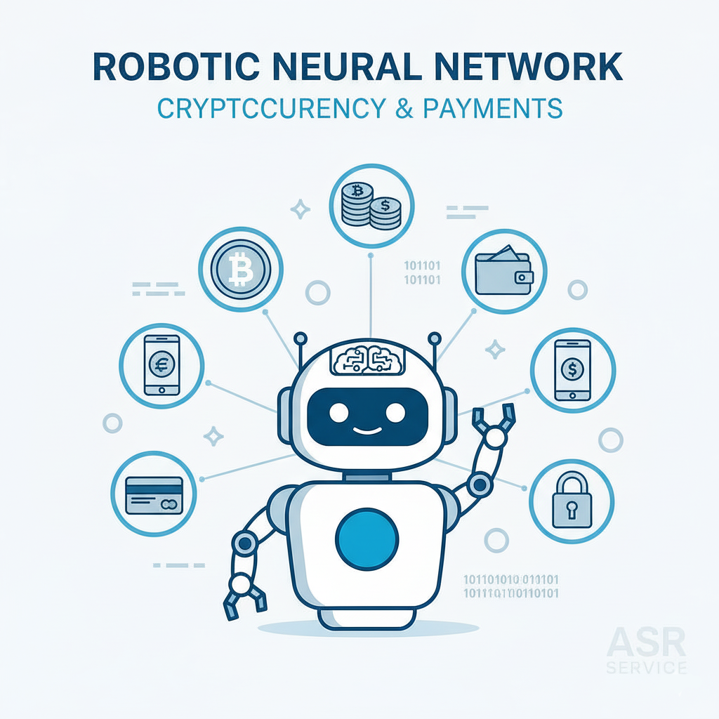 Роботизированная нейронная сеть для криптовалюты и платежей. Изображение демонстрирует дружелюбного робота, окруженного иконками, связанными с цифровыми финансами: биткойн, стопки монет, кошелек, смартфон с евро и долларом, кредитная карта и замок безопасности.