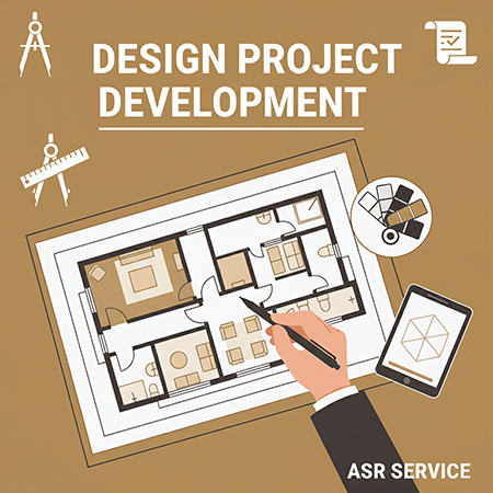 Illustration of a design project development with a hand drawing on a floor plan, a color palette, and a tablet with a 3D model.