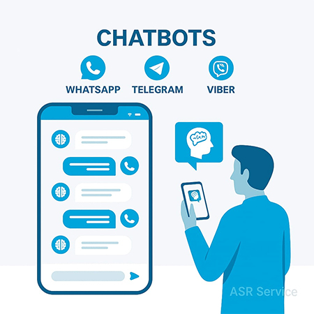 Чат-боты для WhatsApp, Telegram и Viber. Человек взаимодействует со смартфоном, на котором отображается чат с элементами искусственного интеллекта.
