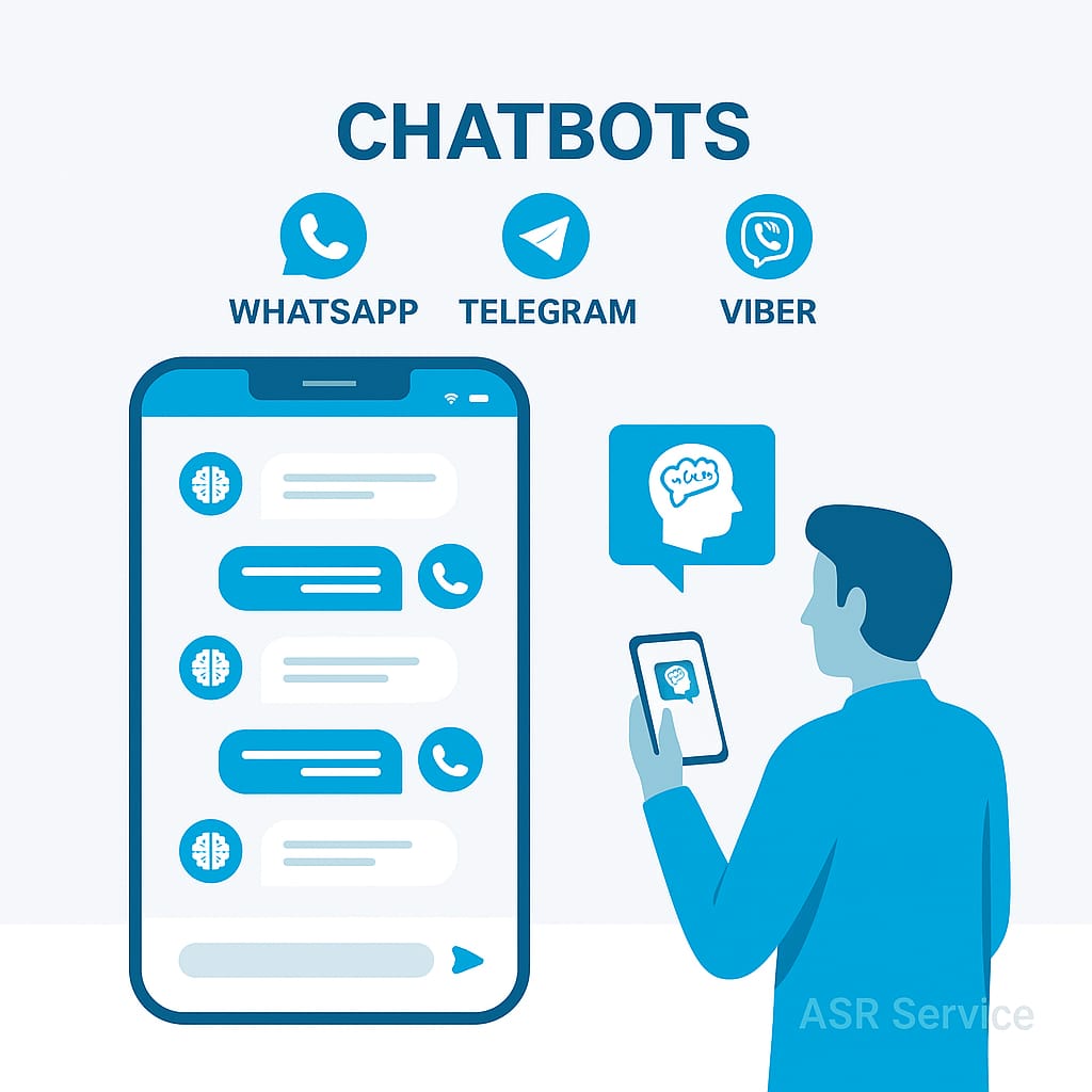 Чат-боты для WhatsApp, Telegram и Viber. Человек взаимодействует со смартфоном, на котором отображается чат с элементами искусственного интеллекта.