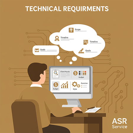 Illustration of the requirements development process using icons for features, style, budget, and client preferences.
