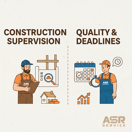 Illustration of construction supervision divided into quality control with drawings and deadline compliance with schedules.