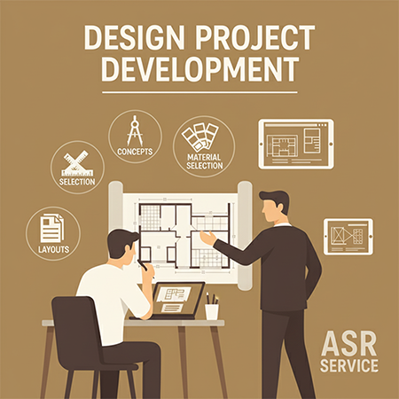 Illustration of a design project development with two specialists, drawings, a tablet and icons of concepts, materials and layouts.