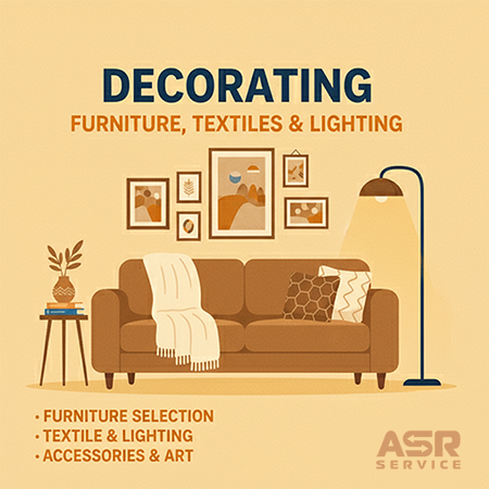 Illustration of the decorating process with a sofa, textiles, lighting and art elements.
