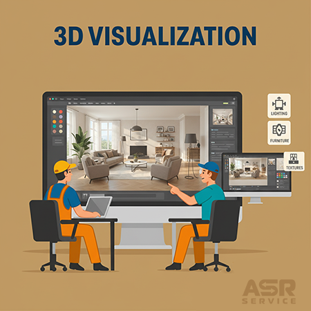 Illustration of the 3D interior visualization process with two professionals working on a computer with lighting, furniture and texture elements.