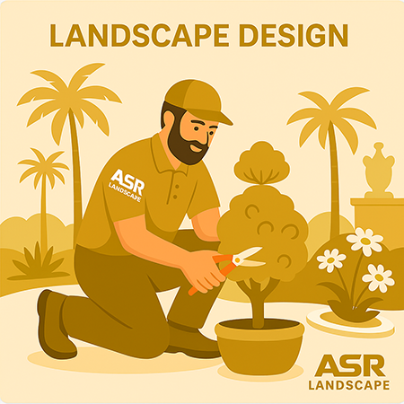 Illustration of landscape design process with gardener pruning tree among palm trees and flowers.