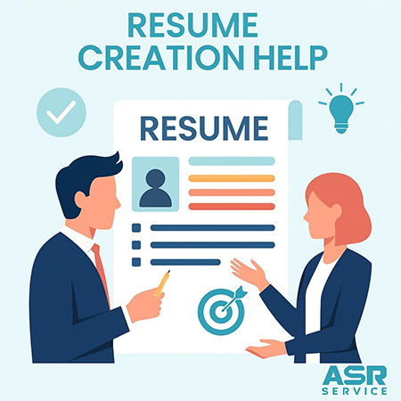 Illustration showing a man and woman discussing a resume, with check mark and light bulb symbols representing resume writing assistance.