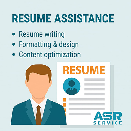 An illustration showing a man in a suit next to a resume listing resume writing, formatting, and design services, as well as content optimization.