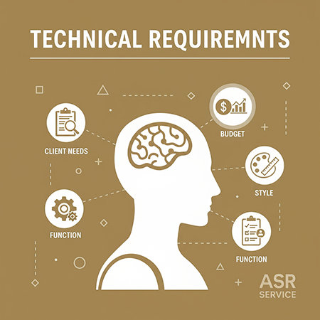 Illustration of technical requirements with head silhouette and icons of client needs, function, style, budget.