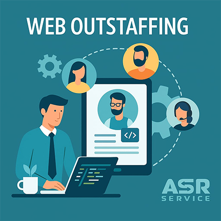 An illustration depicting the concept of web outsourcing, where a person is working on a laptop, with profiles of various specialists displayed around him.