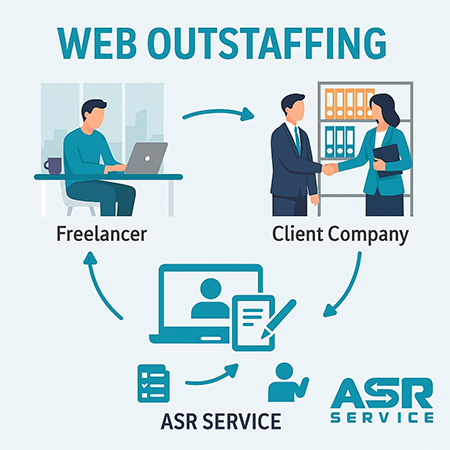 An infographic explaining the web outsourcing process, including the freelancer, the client company, and ASR Service, which facilitates the interaction.
