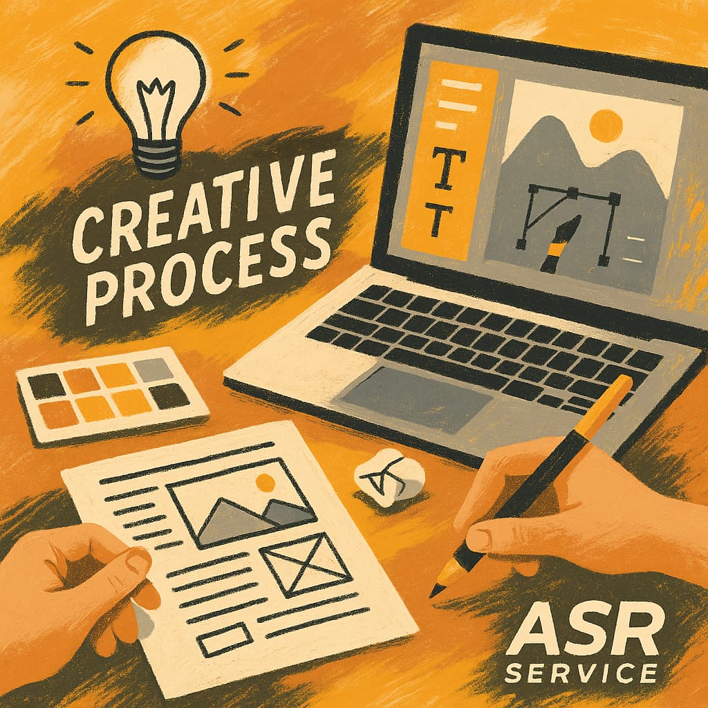 Illustration of a creative process with a laptop, sketches, and an idea represented by a lightbulb.