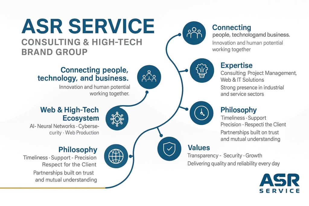 ASR Service — Consulting and High-Tech Brand Group infographic showing connection of people, technology, business, philosophy, values, and expertise