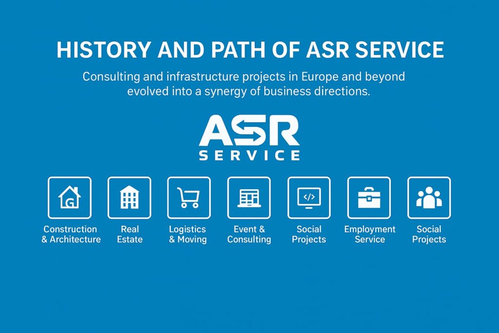 History and path of ASR Service — consulting and infrastructure projects in Europe and beyond. Areas: construction, real estate, logistics, consulting, social and employment services