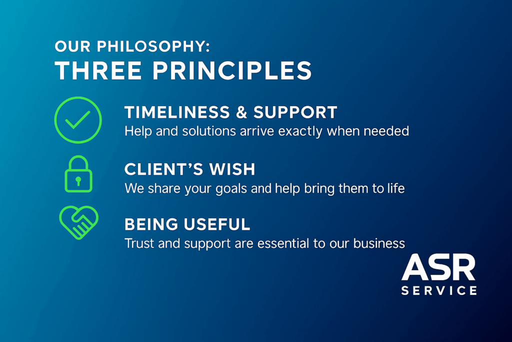 שלושת עקרונות הפילוסופיה של ASR Service: זמינות ותמיכה, רצון הלקוח ותועלת. אמון, עזרה ואמינות כבסיס לעסקים.