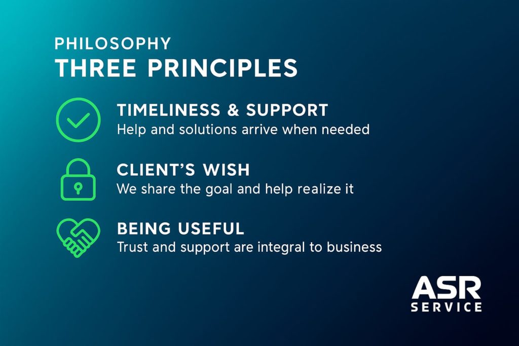 ASR Service – философия компании на трёх принципах: своевременность и поддержка, желание клиента и полезность. Ценности доверия и ответственности
